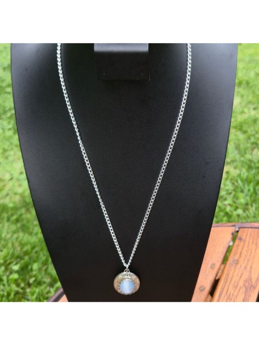 Vintage Necklace Oval Blue Chalcedony Pendant Ornate Etched Design Silver tone - Picture 8 of 11